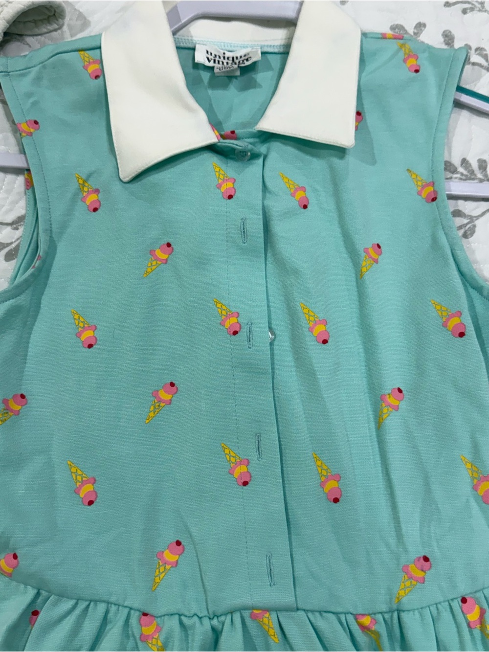 Unique Vintage Mint Green Sleeveless Collared Mini Dress with Ice Cream Print